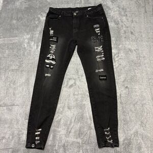 Black Distressed Skinny Jeans XXL Patches Graphic Streetwear Stretch Denim